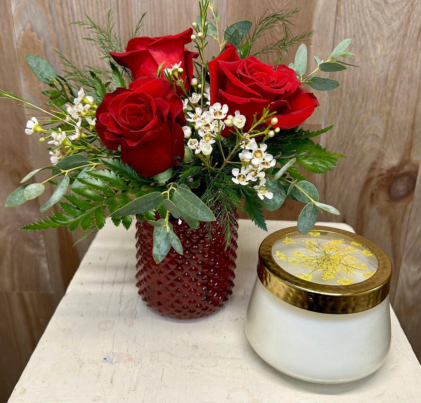 Three Rose Arrangement with Candle