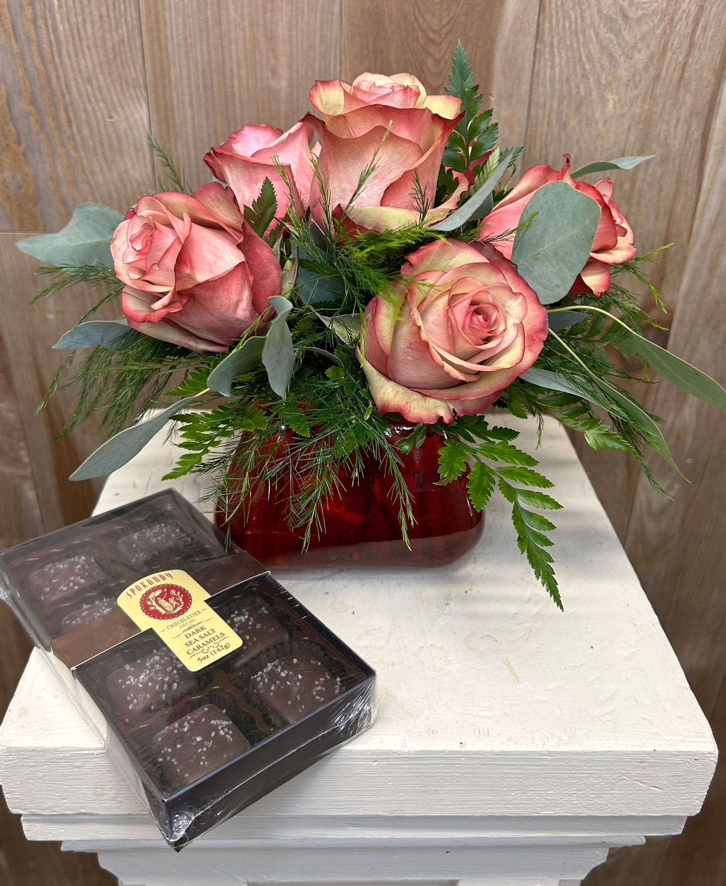 Six Rose Arrangement with Salted Caramels