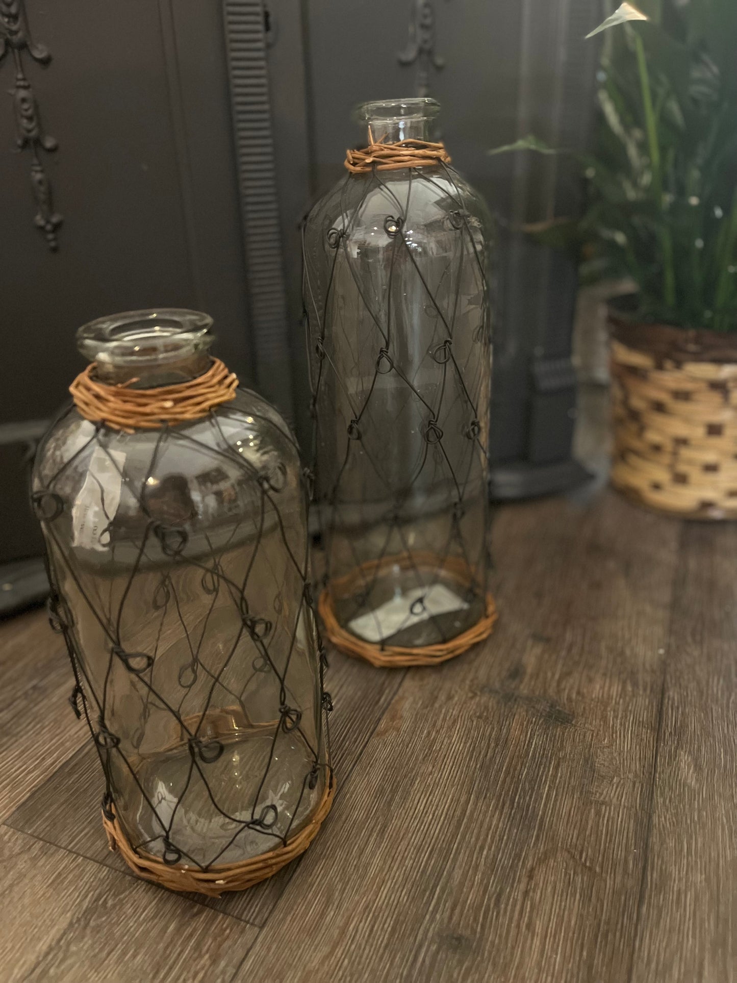 Medium Tall Wire And Wicker Wrapped Glass Bottle