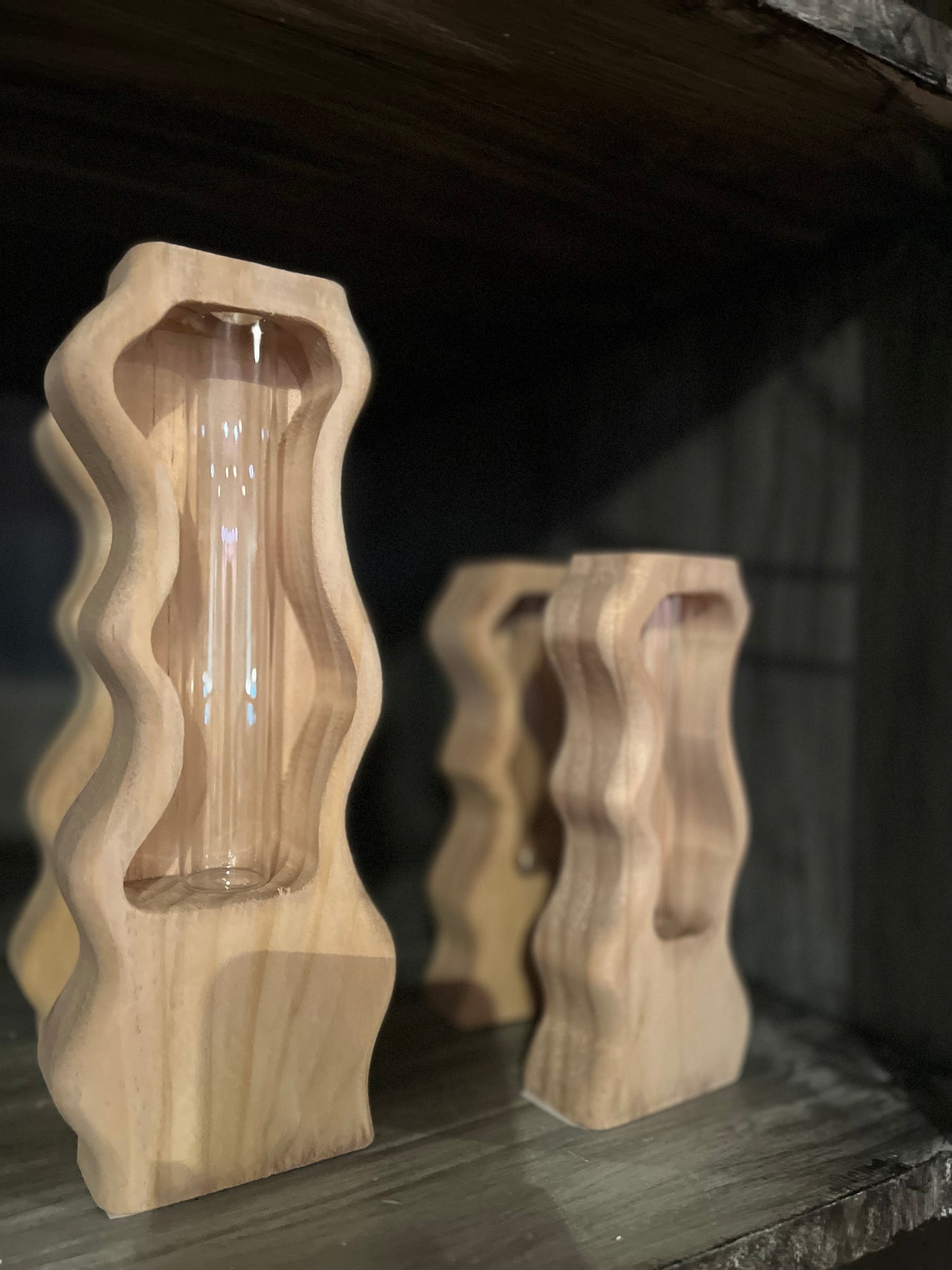 Small Carved Wood And Glass Bud Vases