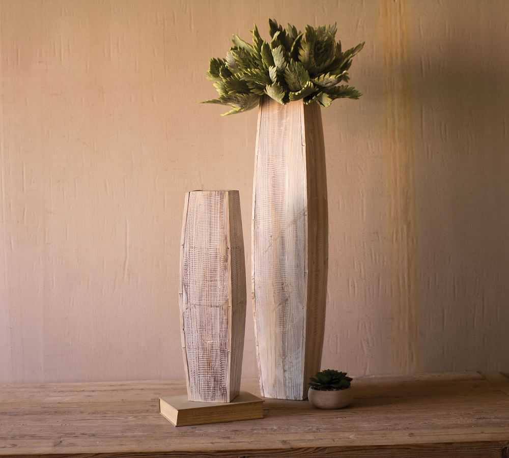 Small White Washed Tall Oblong Wooden Vases