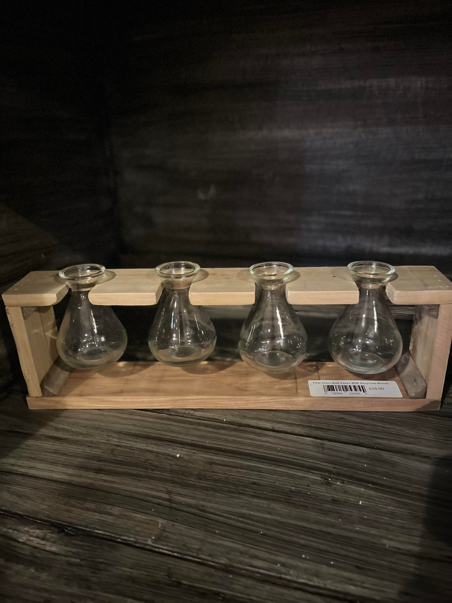 Four Glass Bud Vases With Recycled Wooden Stand